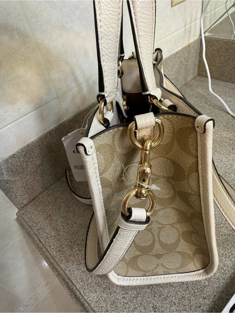 Coach Beige Signature Canvas Satchel with White Leather Trim
